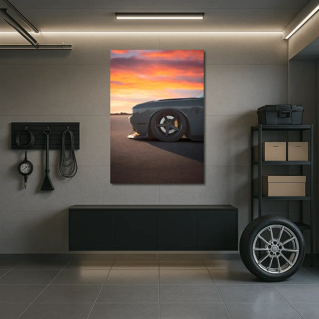 Dodge Challenger Slammed at Fiery Sunset – Wall Art