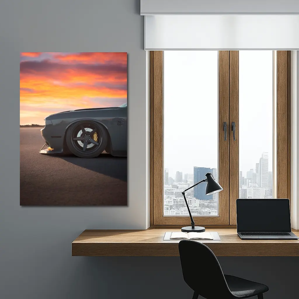 Dodge Challenger Slammed at Fiery Sunset – Wall Art