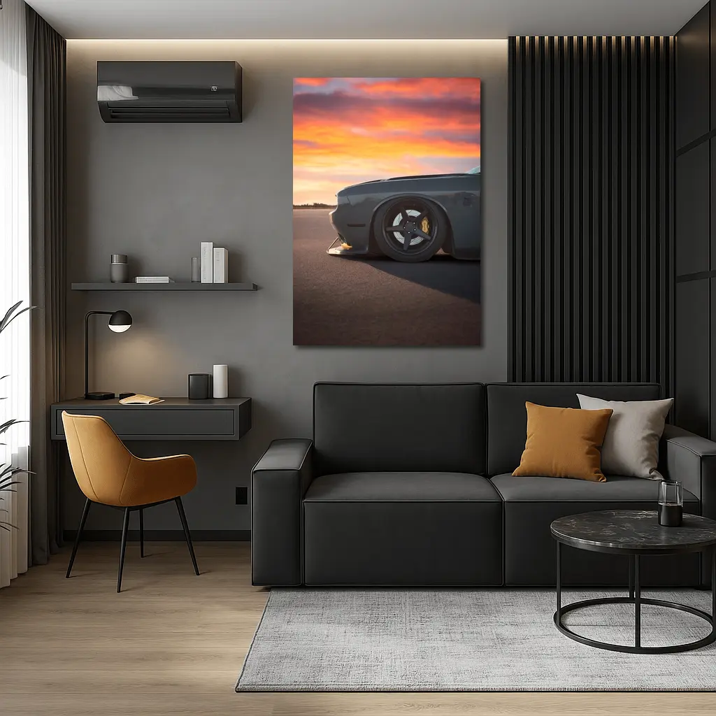 Dodge Challenger Slammed at Fiery Sunset – Wall Art