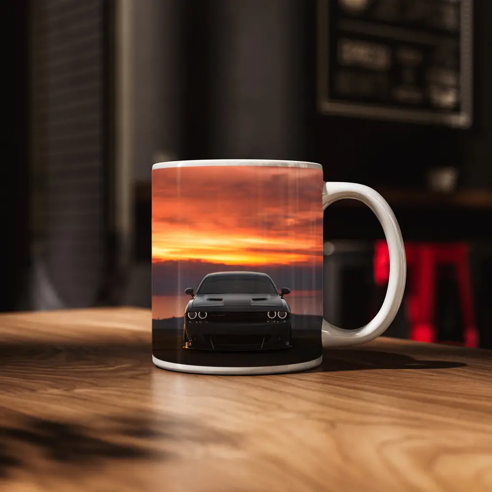 Dodge Challenger Hellcat Sunset Sky Background – Mugs
