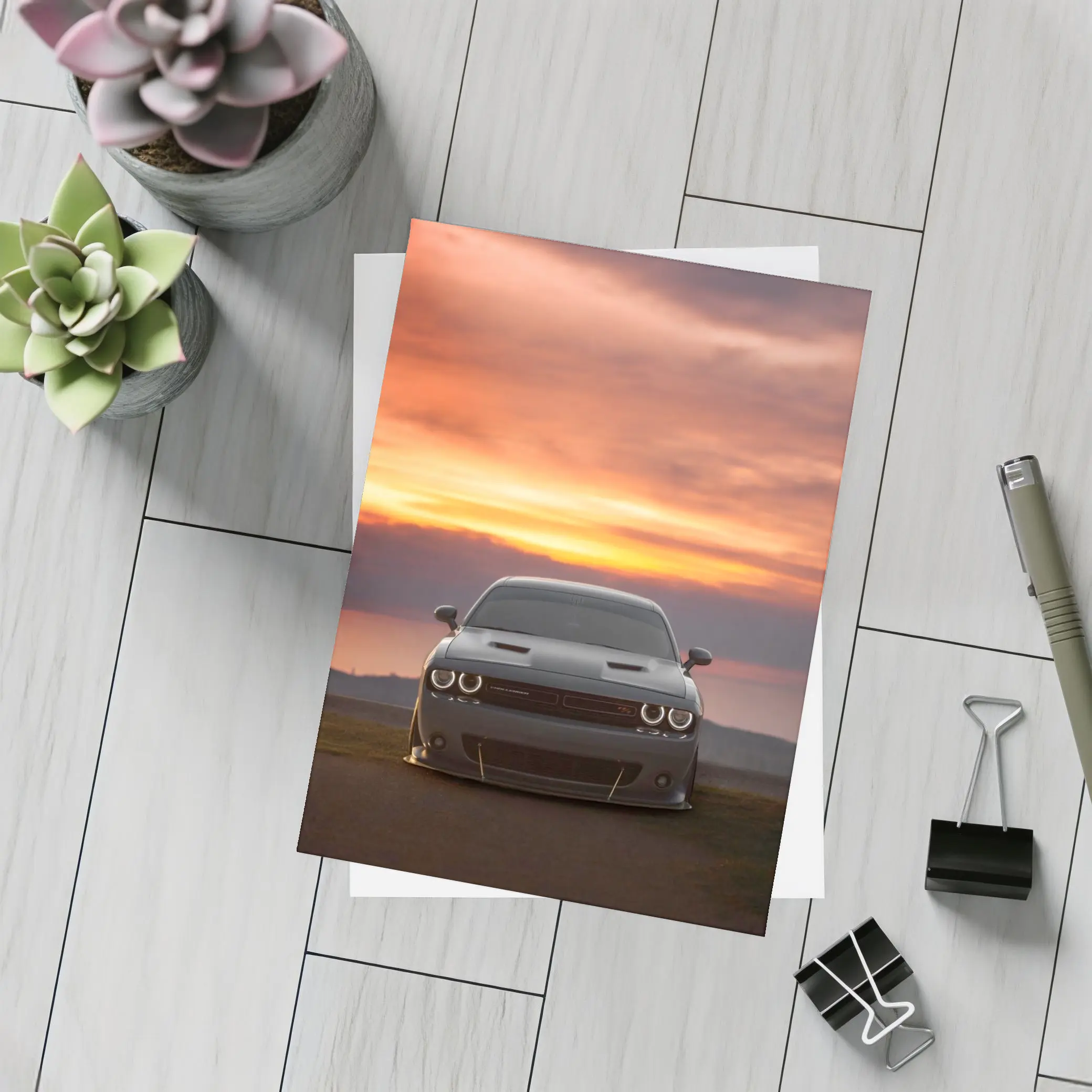 Dodge Challenger Hellcat Sunset Sky Background – Postcards