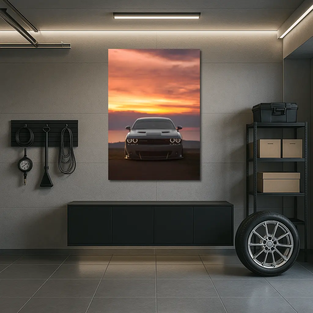 Dodge Challenger Hellcat Sunset Sky Background – Wall Art