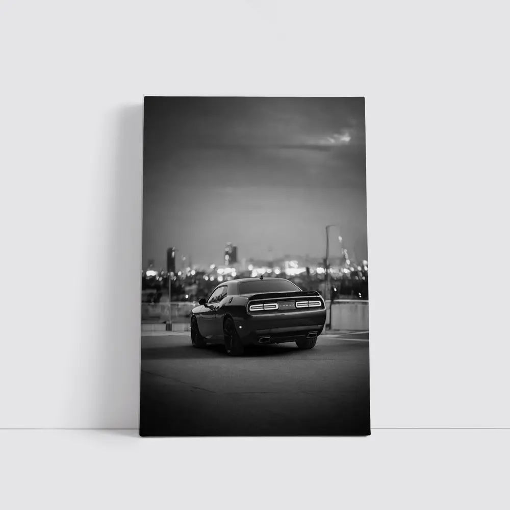 Dodge Challenger Black White City Night – Wall Art