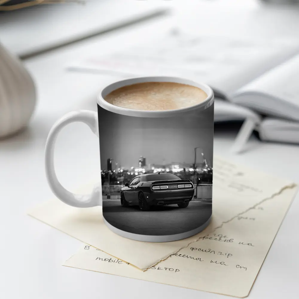 Dodge Challenger Black White City Night – Mugs