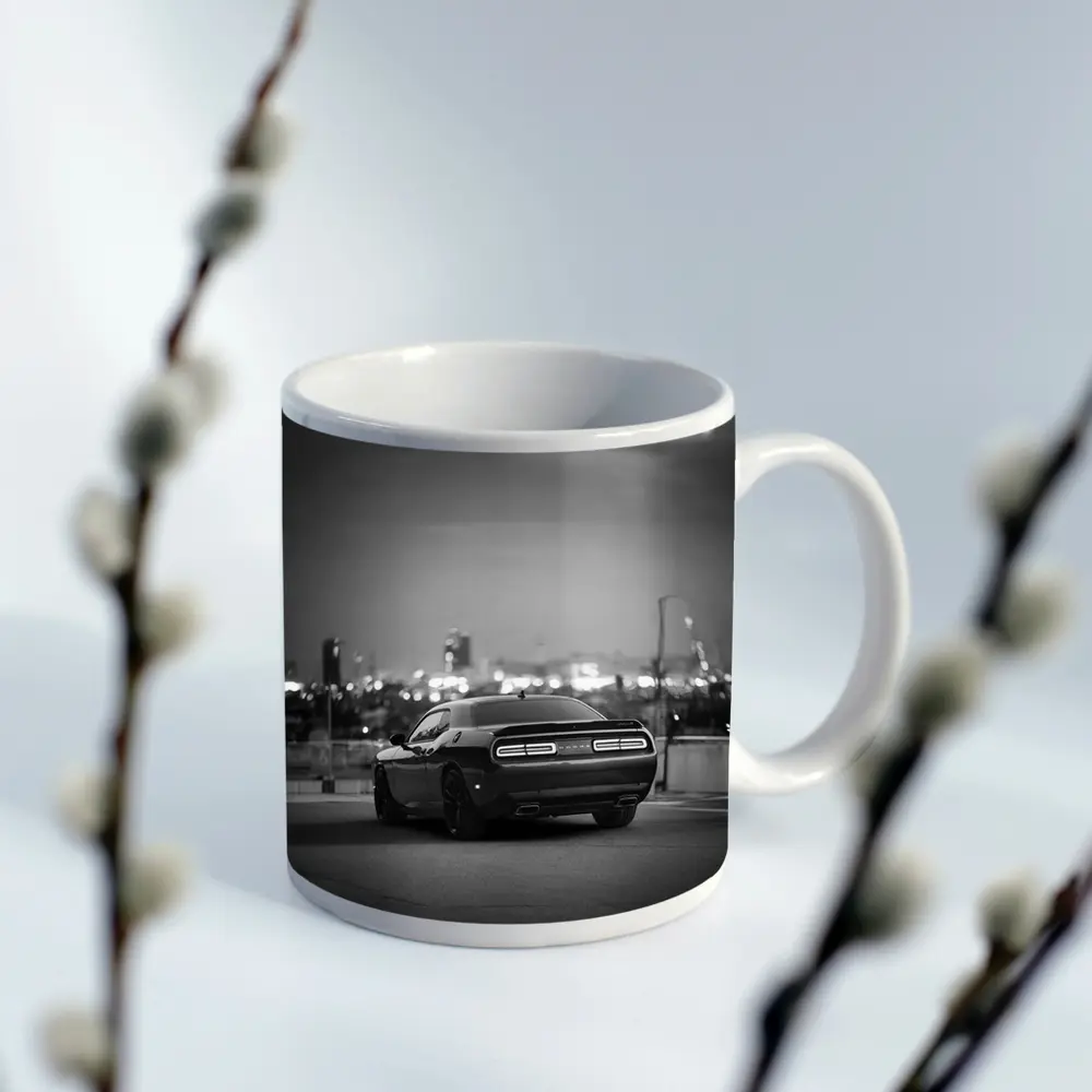 Dodge Challenger Black White City Night – Mugs