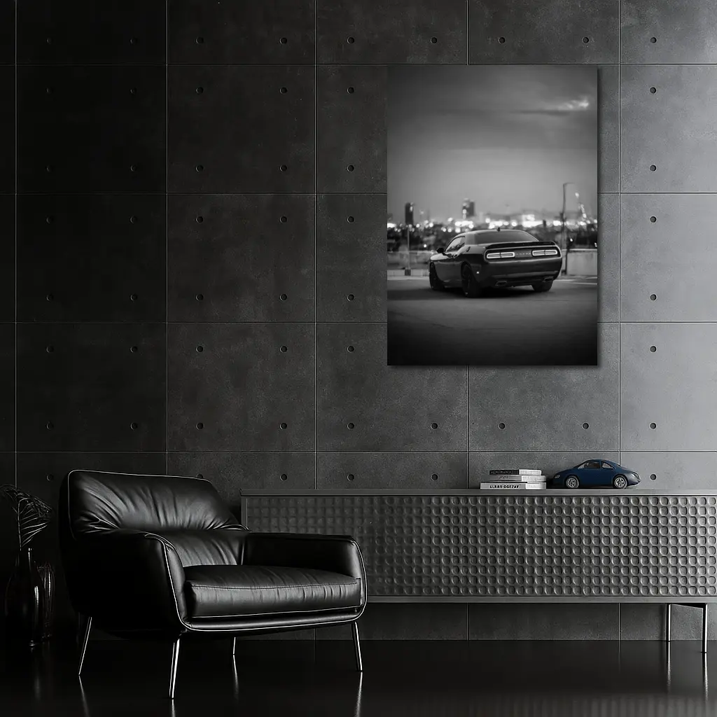 Dodge Challenger Black White City Night – Wall Art
