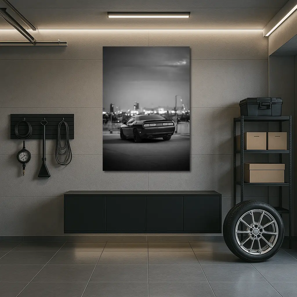 Dodge Challenger Black White City Night – Wall Art