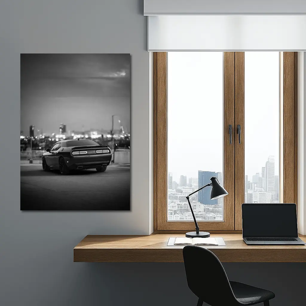 Dodge Challenger Black White City Night – Wall Art