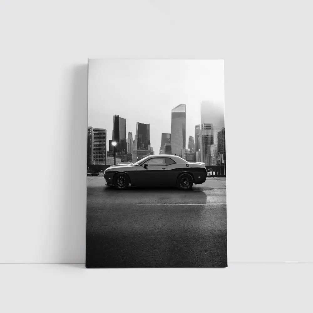 Dodge Challenger Black White City Skyline – Wall Art