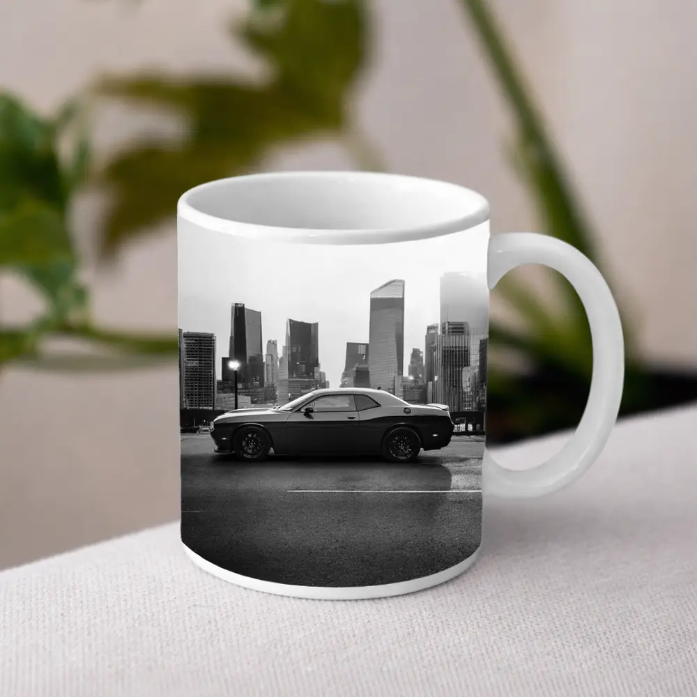 Dodge Challenger Black White City Skyline – Mugs