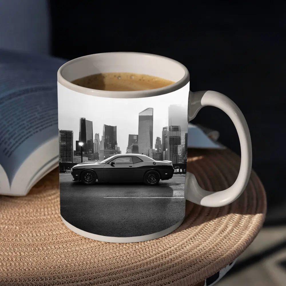 Dodge Challenger Black White City Skyline – Mugs