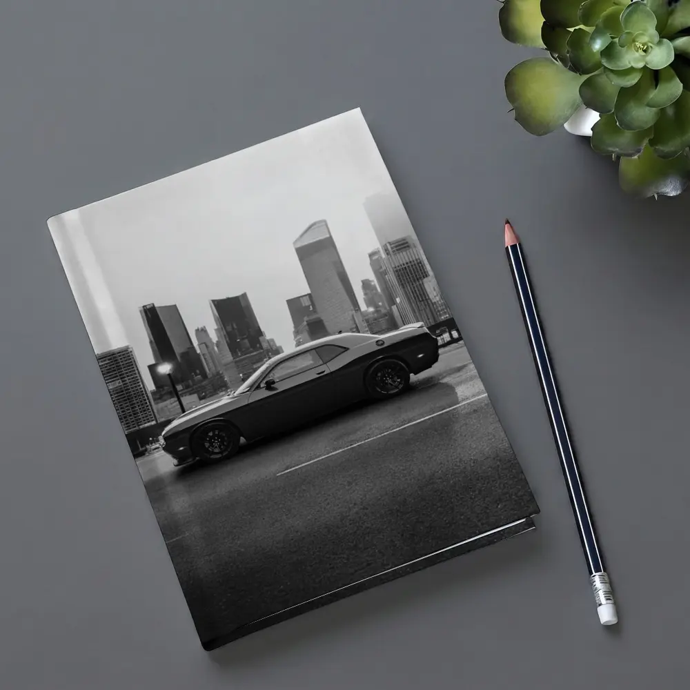 Dodge Challenger Black White City Skyline – Notebooks