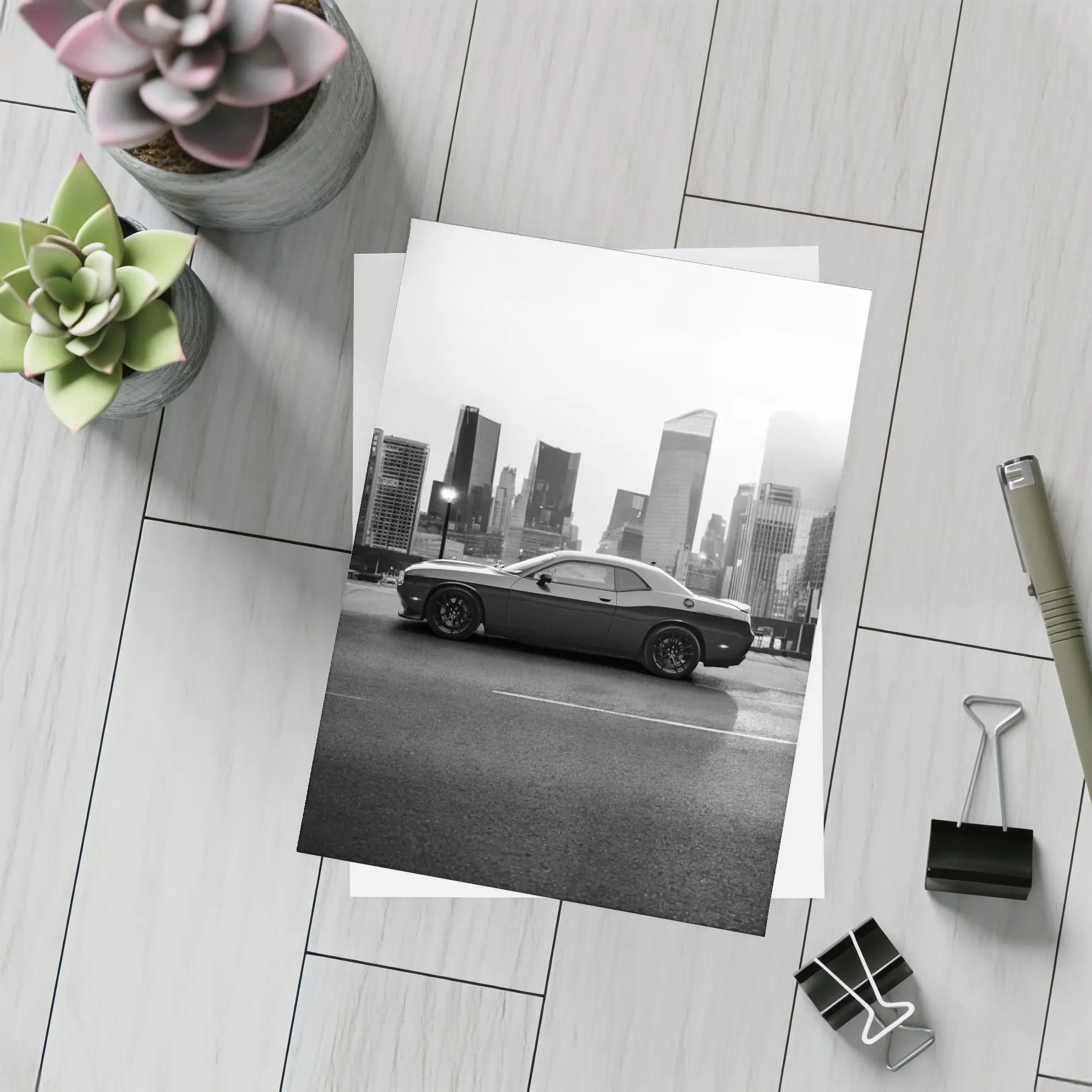 Dodge Challenger Black White City Skyline – Postcards