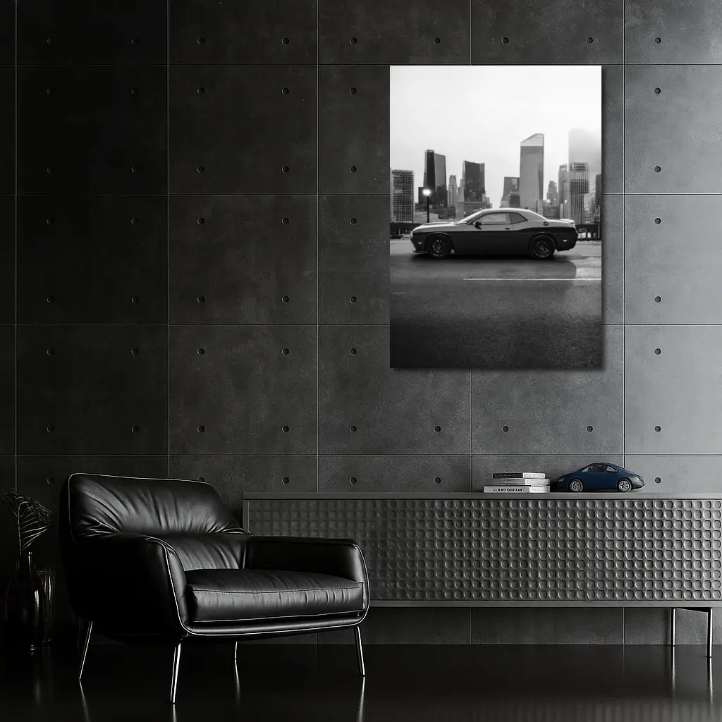Dodge Challenger Black White City Skyline – Wall Art