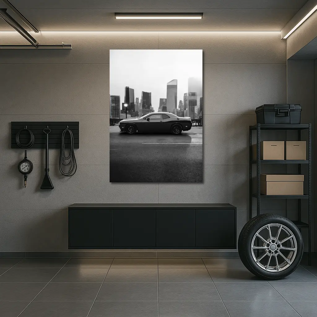 Dodge Challenger Black White City Skyline – Wall Art