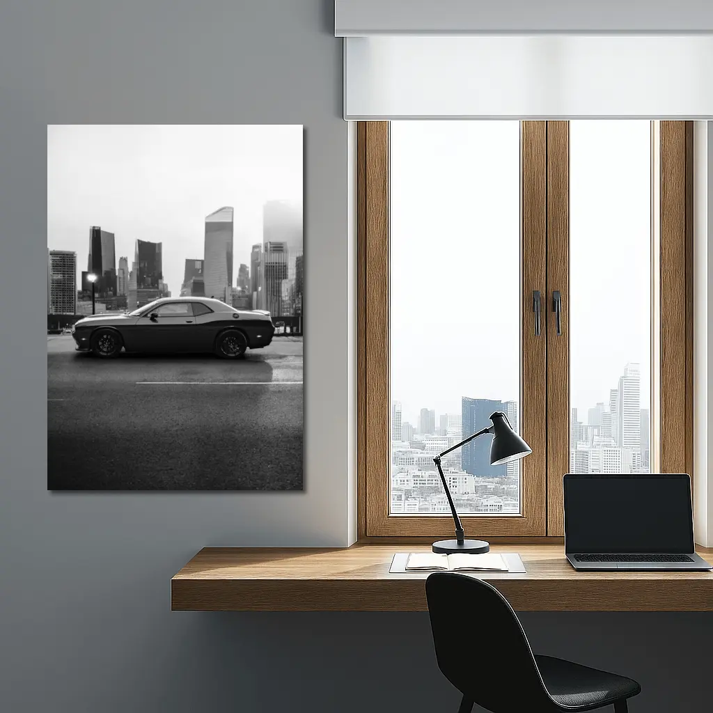 Dodge Challenger Black White City Skyline – Wall Art