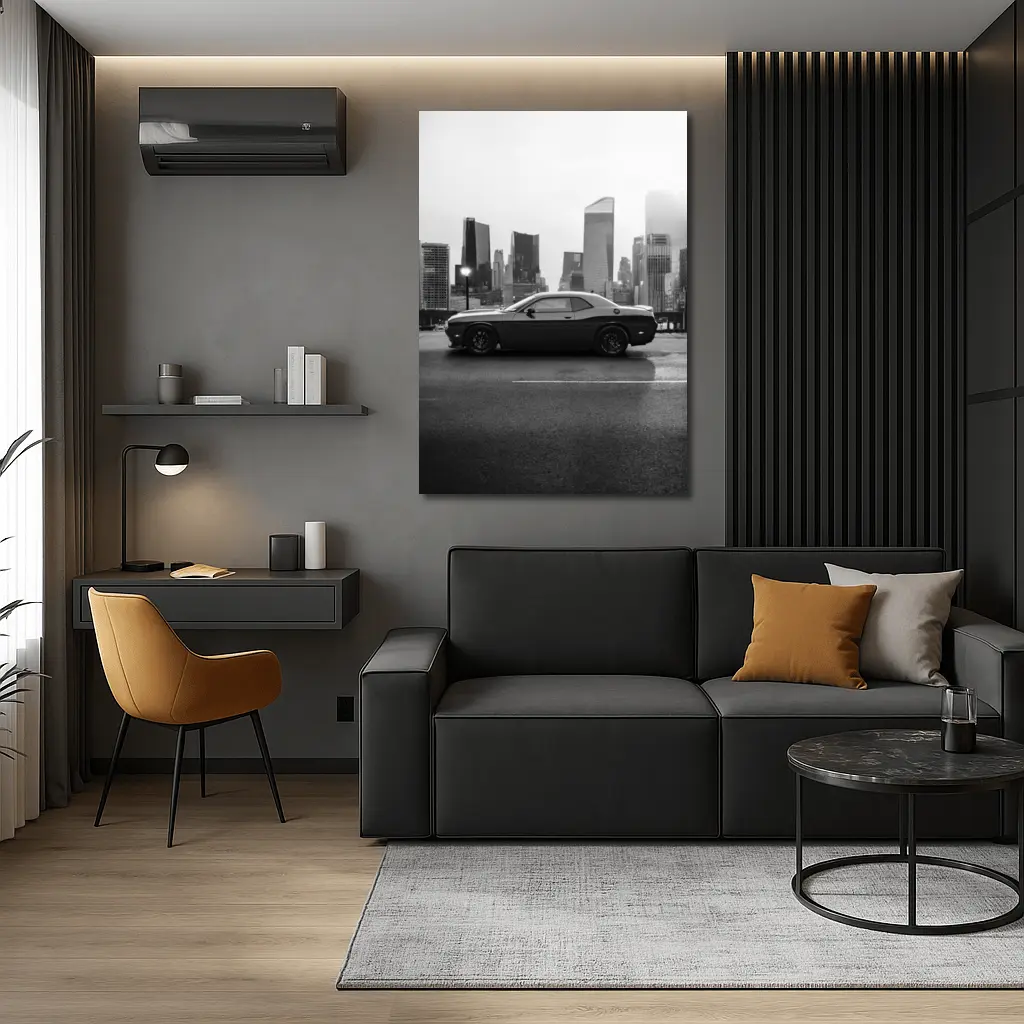 Dodge Challenger Black White City Skyline – Wall Art
