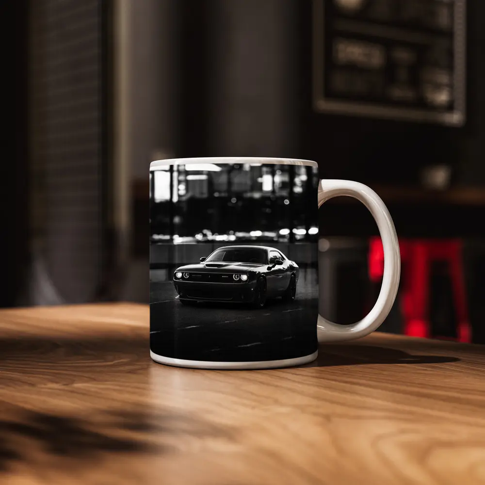 Dodge Challenger Black White City Night – Mugs