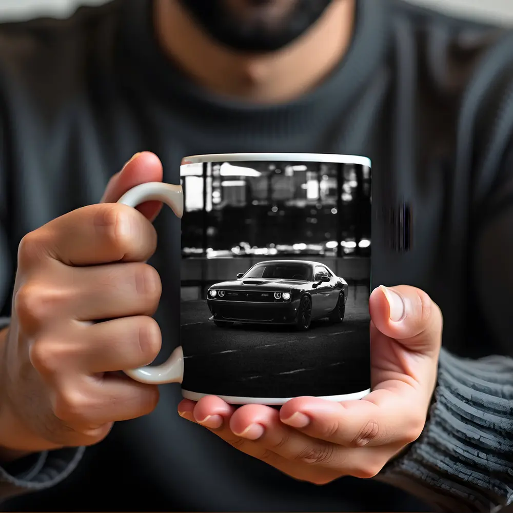 Dodge Challenger Black White City Night – Mugs