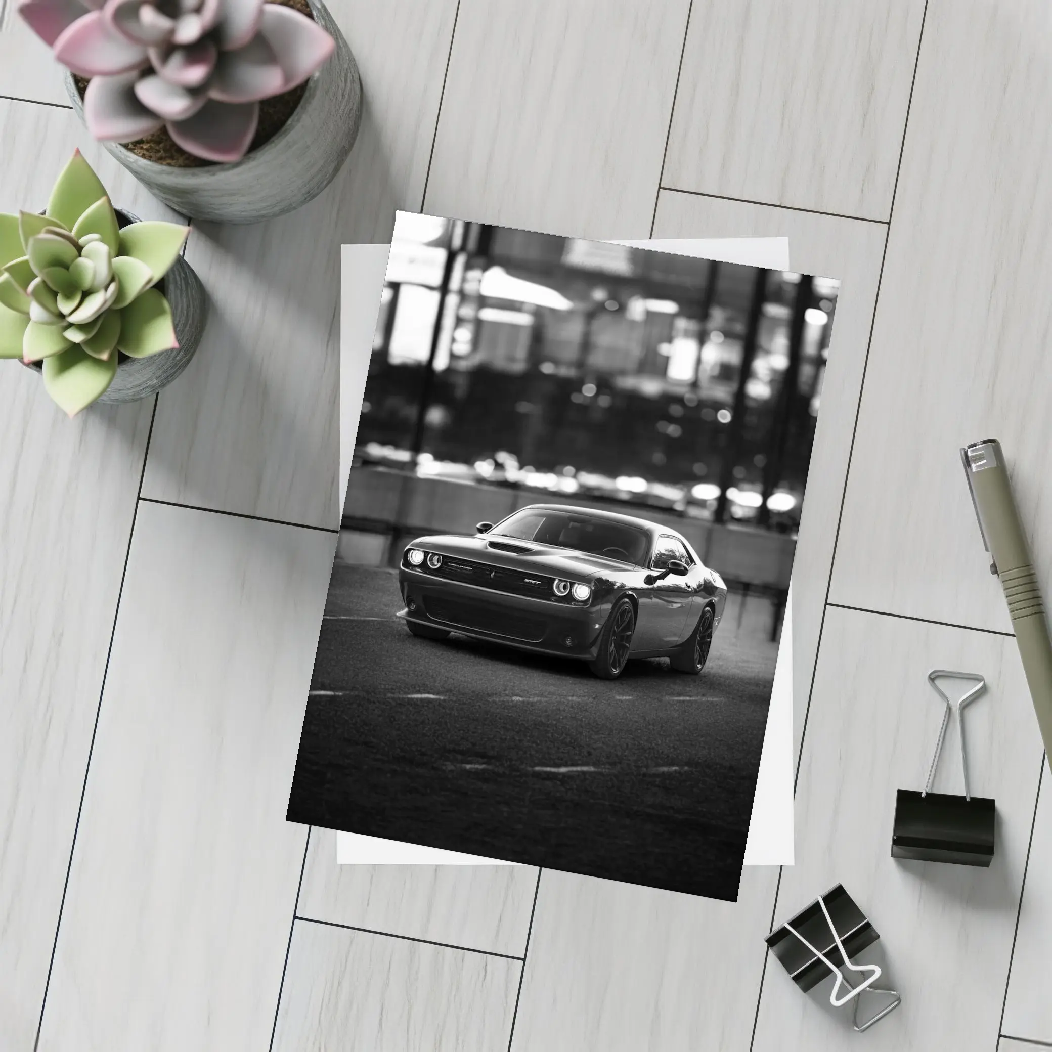 Dodge Challenger Black White City Night – Postcards