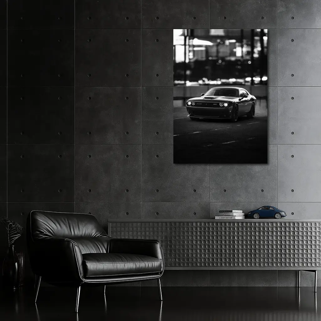 Dodge Challenger Black White City Night – Wall Art