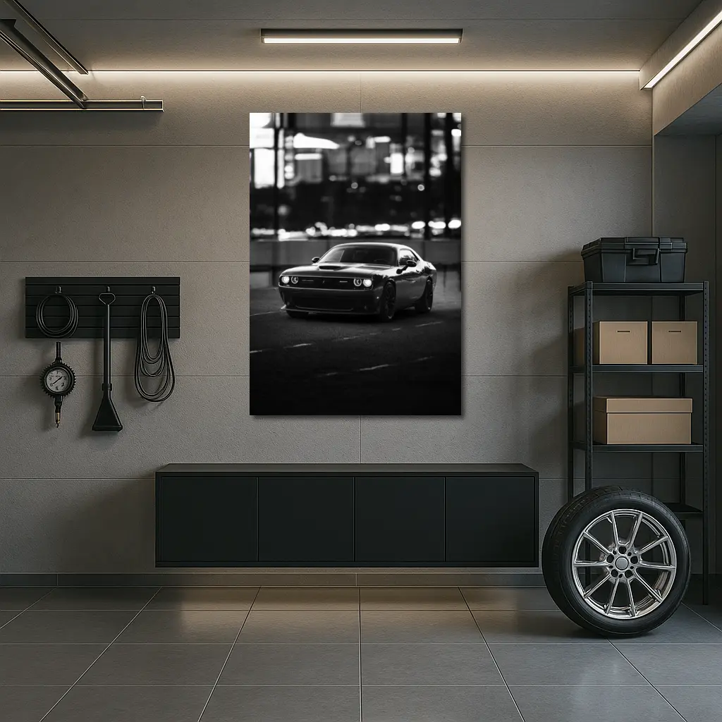 Dodge Challenger Black White City Night – Wall Art