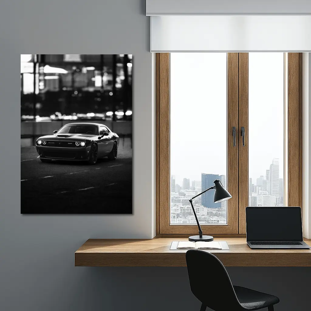 Dodge Challenger Black White City Night – Wall Art