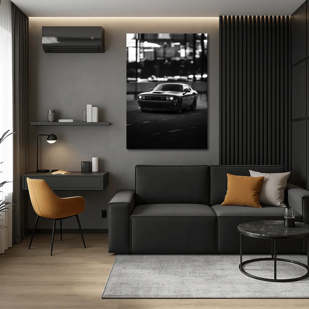 Dodge Challenger Black White City Night – Wall Art