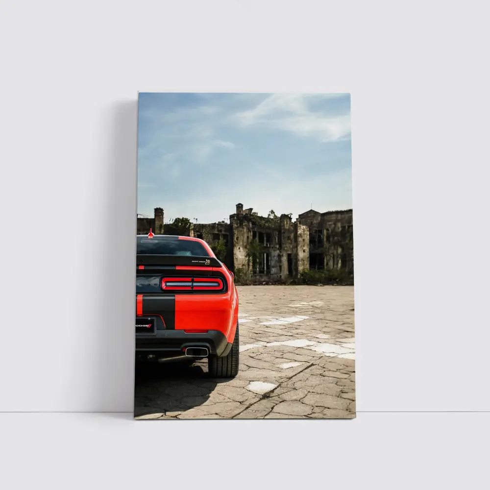 Dodge Challenger Red Rear Abandoned Building – Wall Art