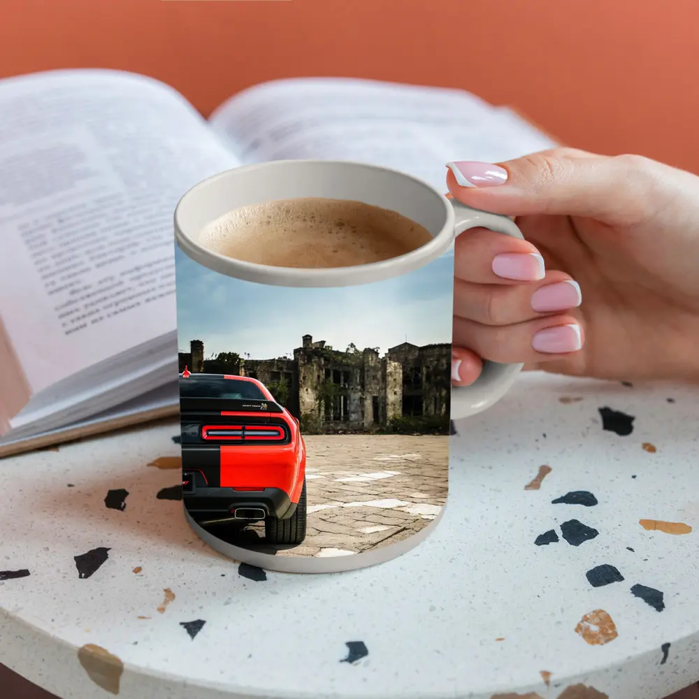 Dodge Challenger Red Rear Abandoned Building – Mugs