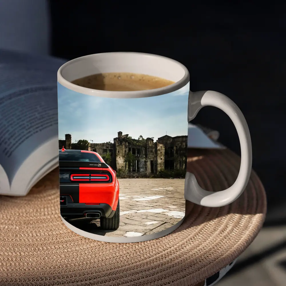 Dodge Challenger Red Rear Abandoned Building – Mugs