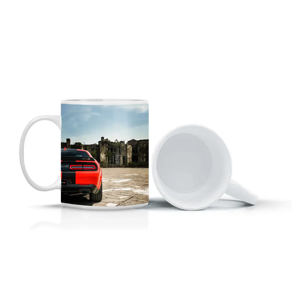 Dodge Challenger Red Rear Abandoned Building – Mugs