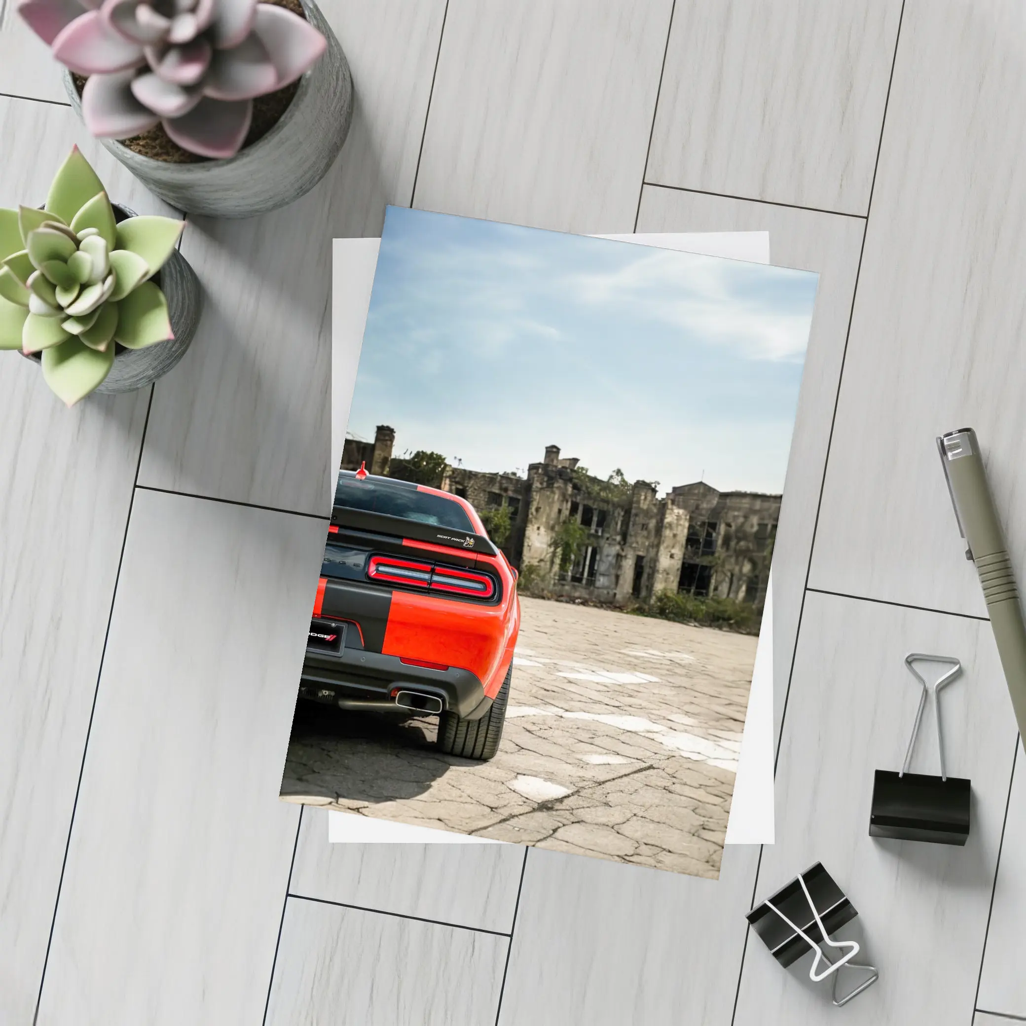Dodge Challenger Red Rear Abandoned Building – Postcards