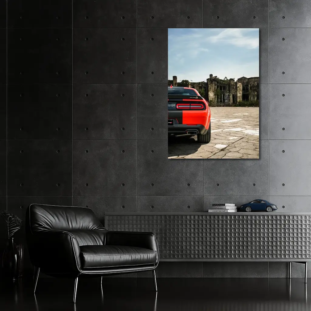 Dodge Challenger Red Rear Abandoned Building – Wall Art