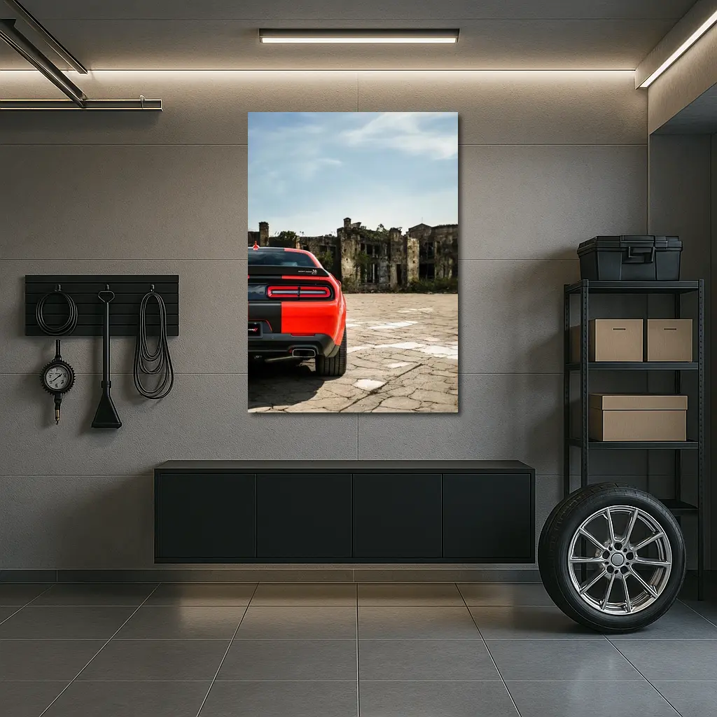 Dodge Challenger Red Rear Abandoned Building – Wall Art