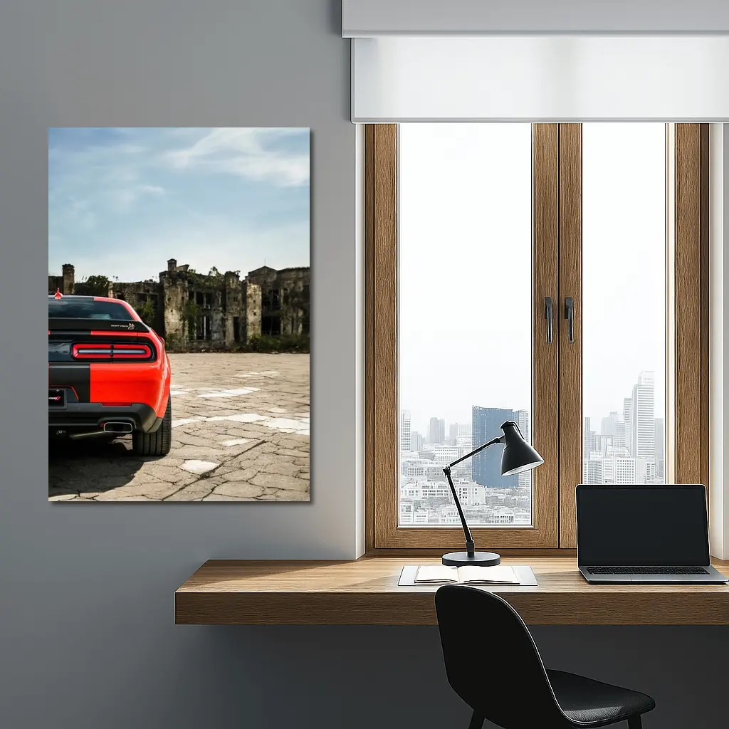 Dodge Challenger Red Rear Abandoned Building – Wall Art