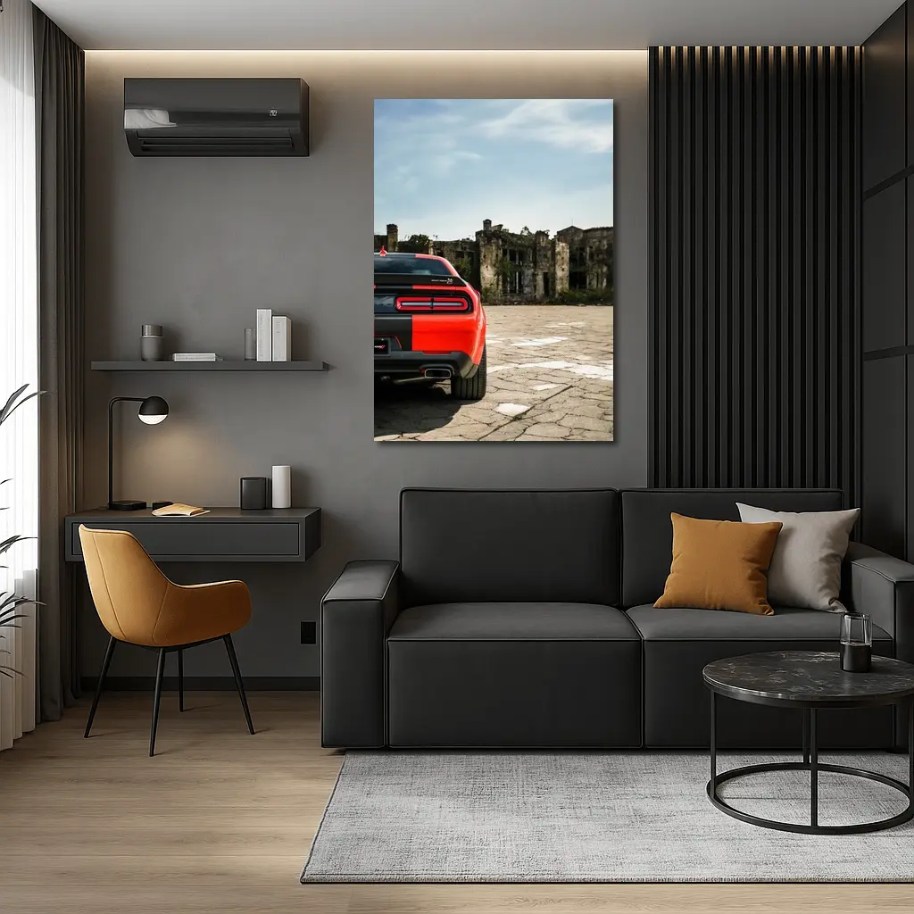 Dodge Challenger Red Rear Abandoned Building – Wall Art