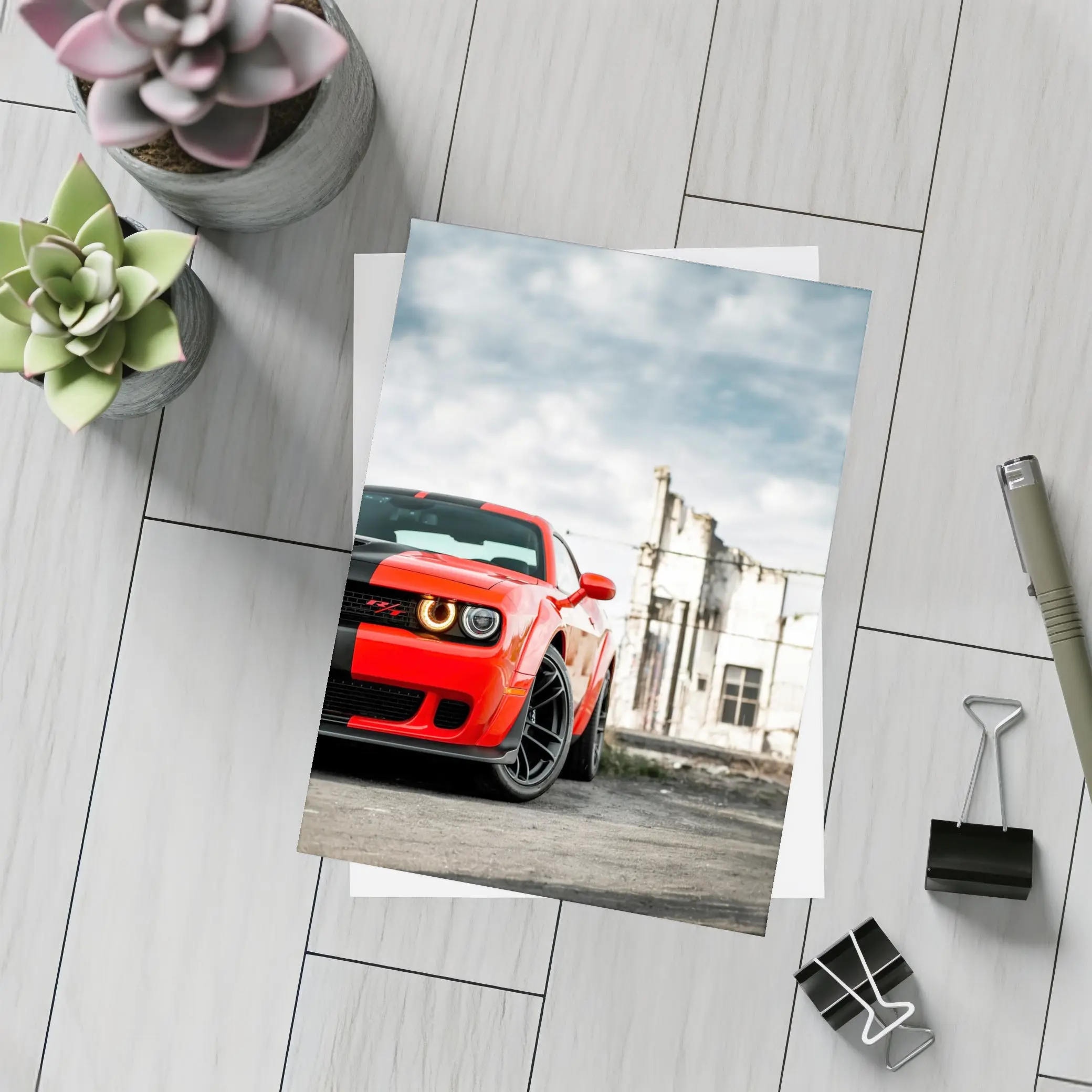 Dodge Challenger Red Abandoned Urban Background – Postcards