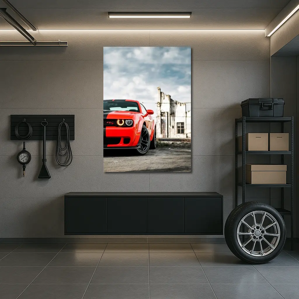 Dodge Challenger Red Abandoned Urban Background – Wall Art