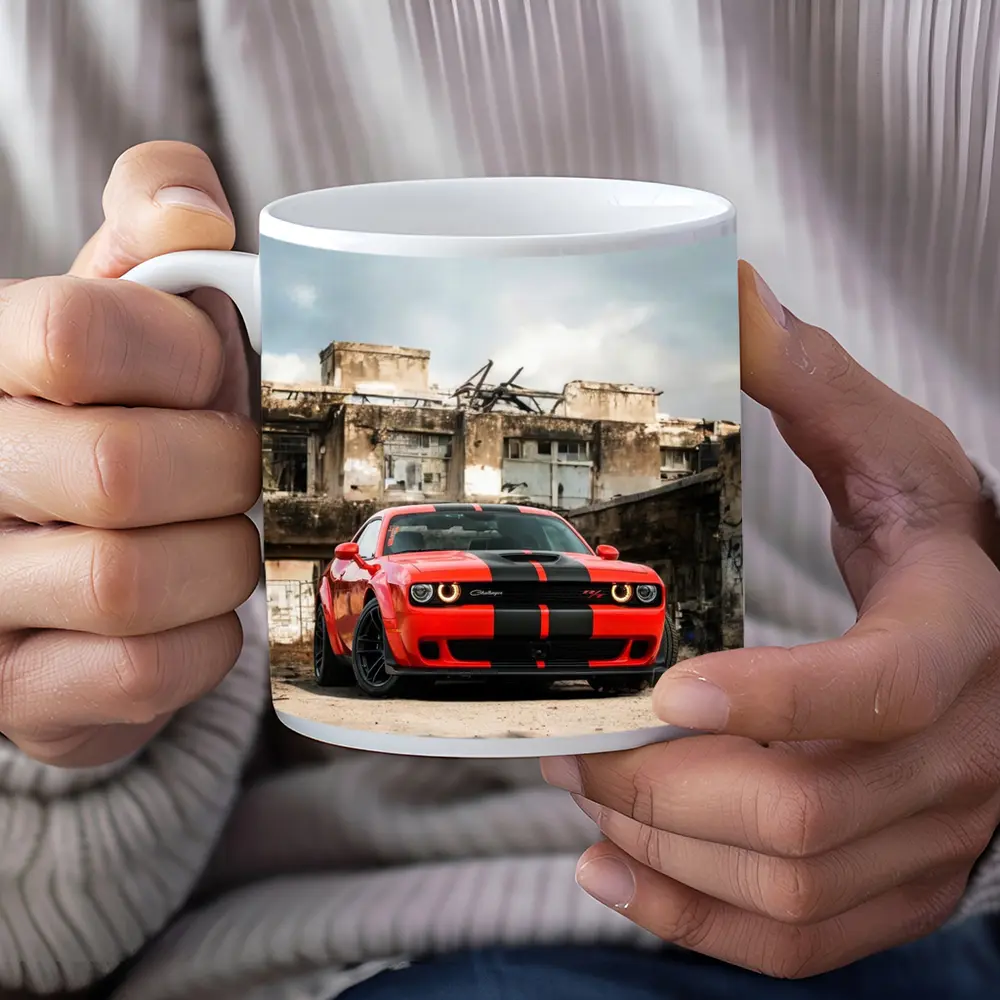 Dodge Challenger Red Muscle Car Abandoned Building – Mugs