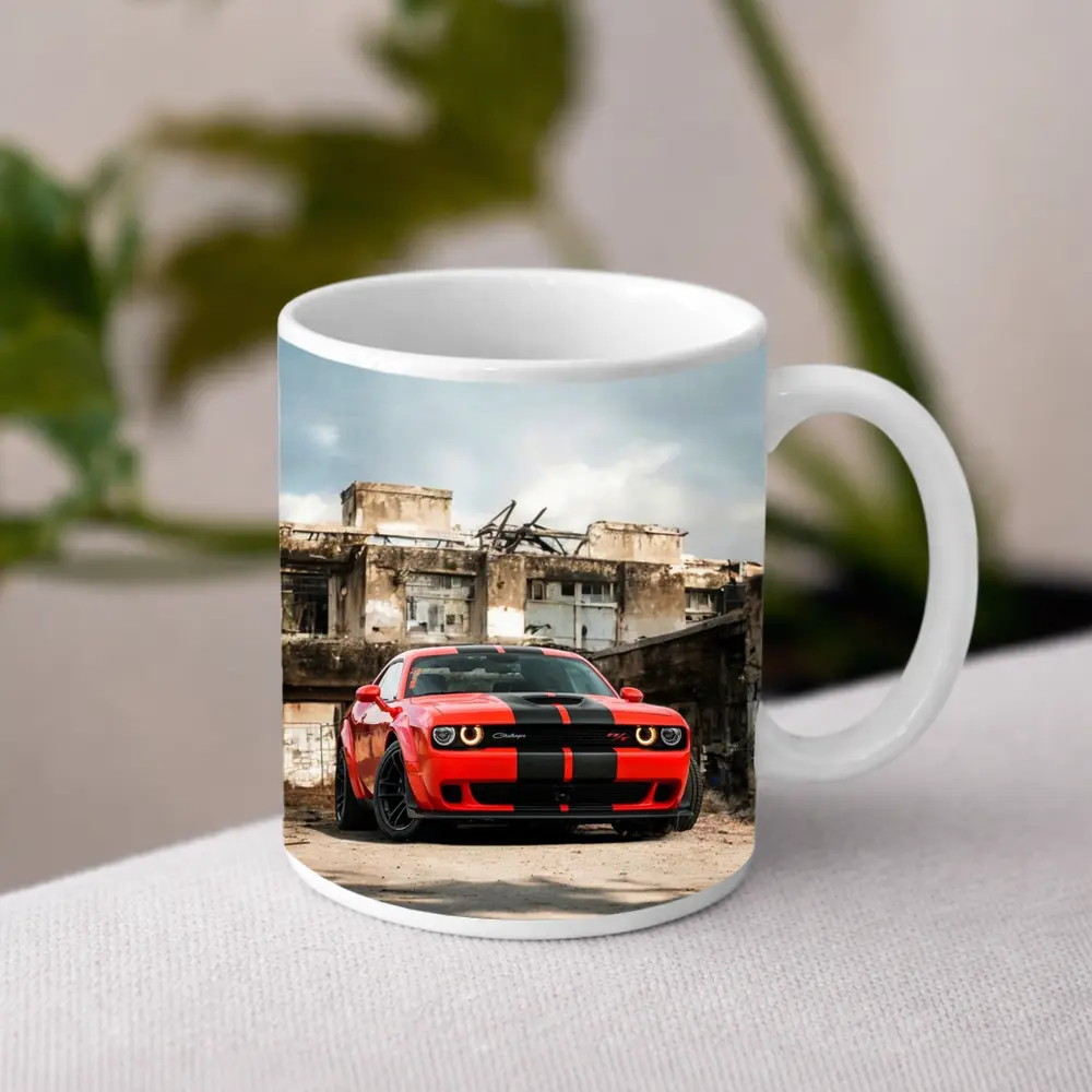 Dodge Challenger Red Muscle Car Abandoned Building – Mugs