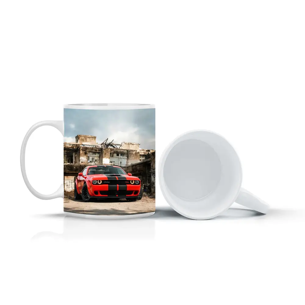 Dodge Challenger Red Muscle Car Abandoned Building – Mugs
