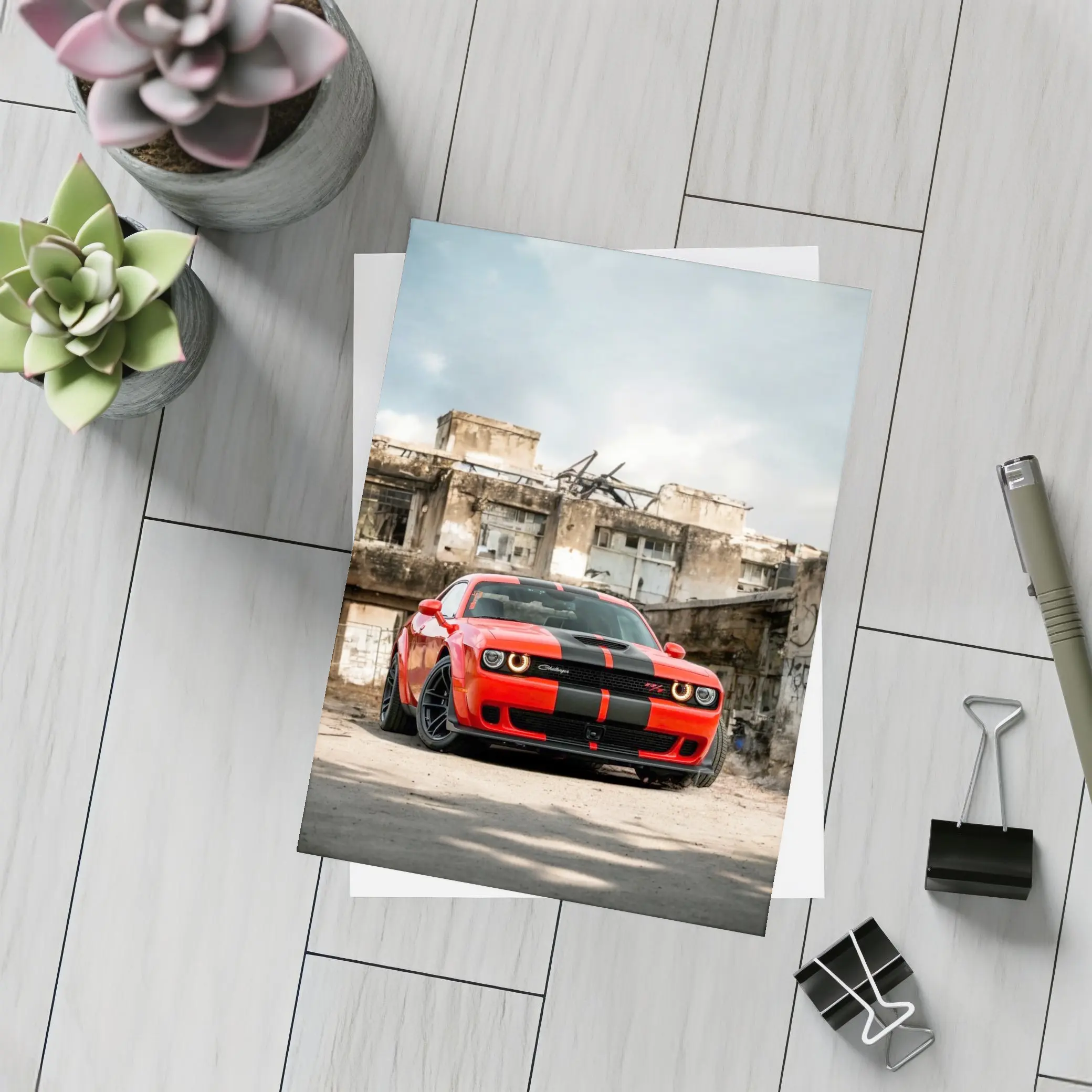 Dodge Challenger Red Muscle Car Abandoned Building – Postcards