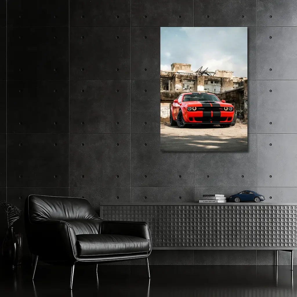 Dodge Challenger Red Muscle Car Abandoned Building – Wall Art