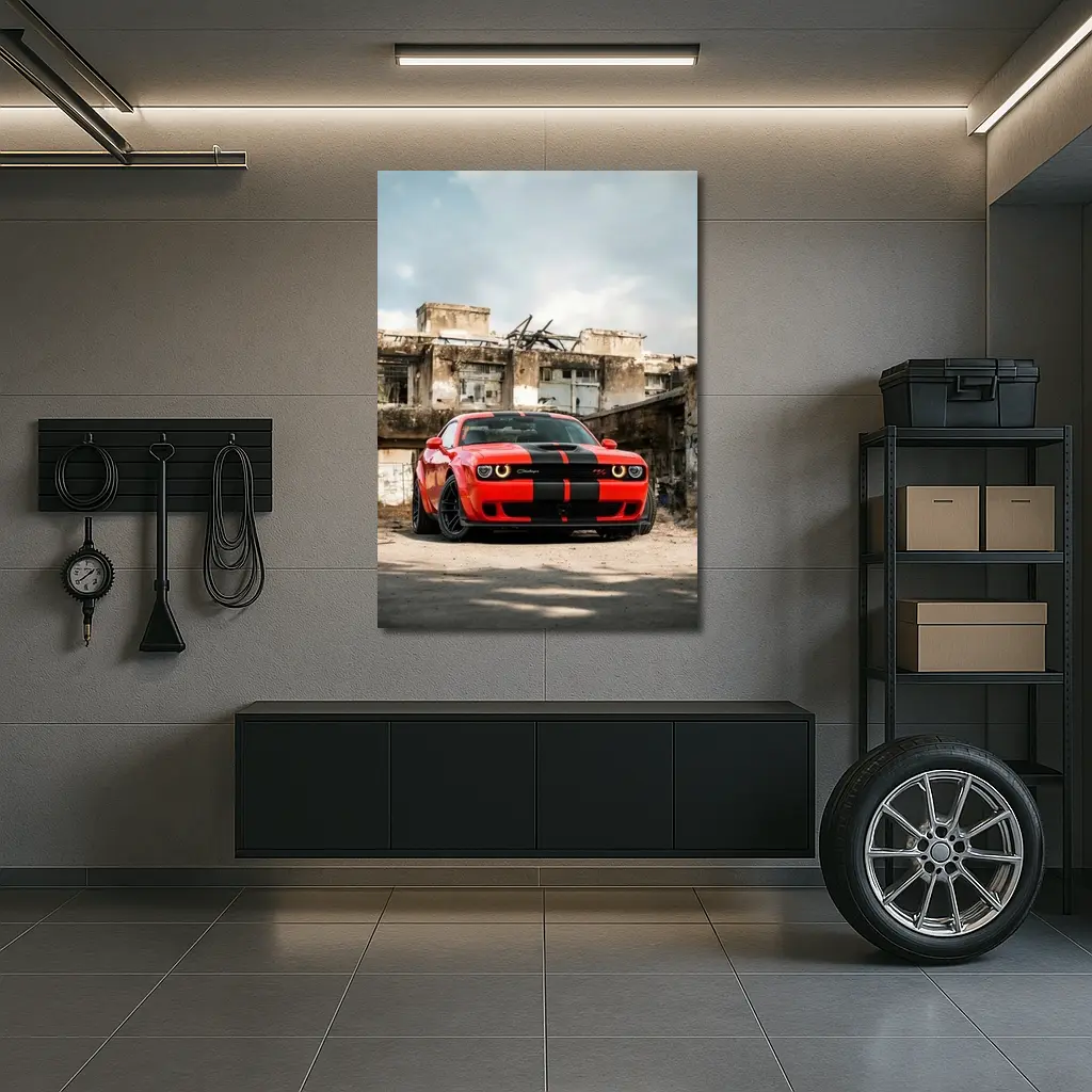 Dodge Challenger Red Muscle Car Abandoned Building – Wall Art