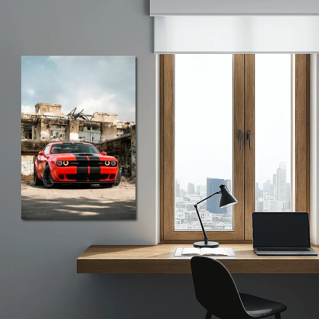 Dodge Challenger Red Muscle Car Abandoned Building – Wall Art