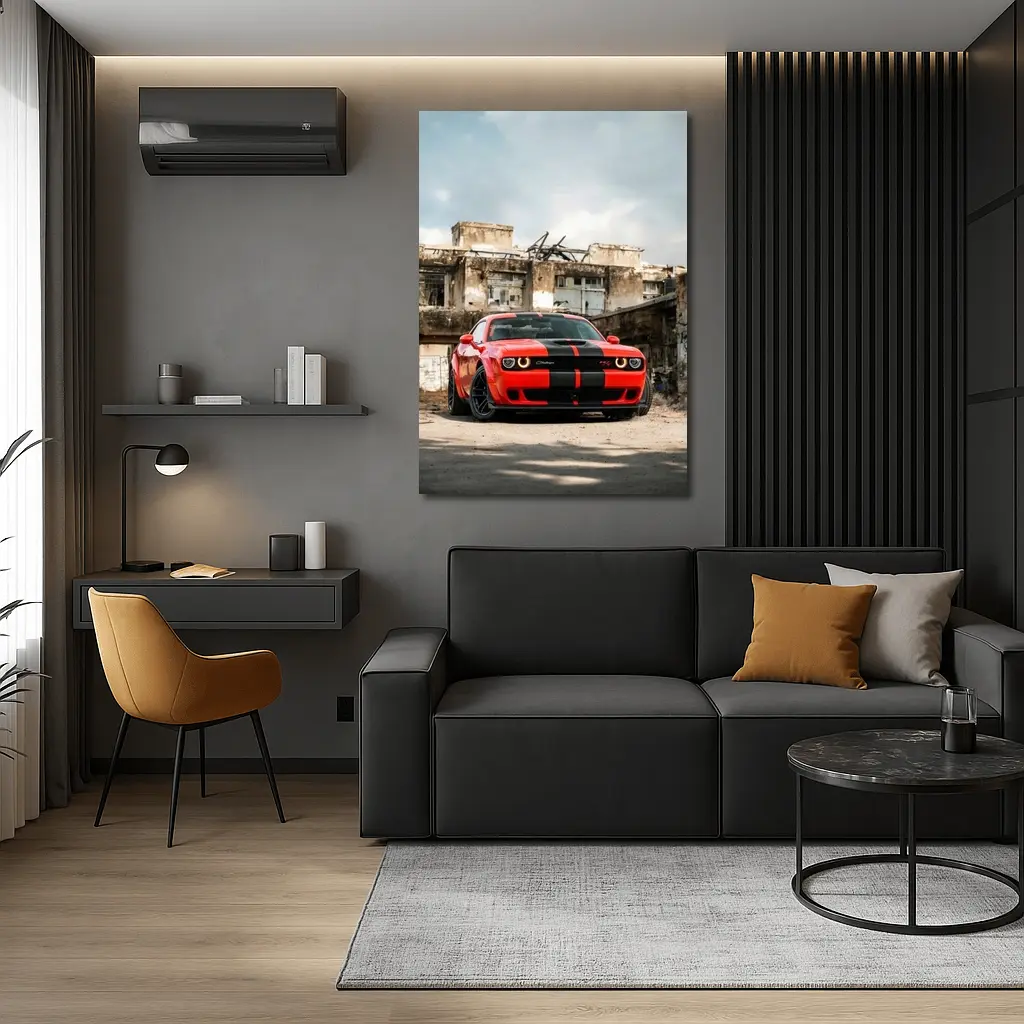 Dodge Challenger Red Muscle Car Abandoned Building – Wall Art