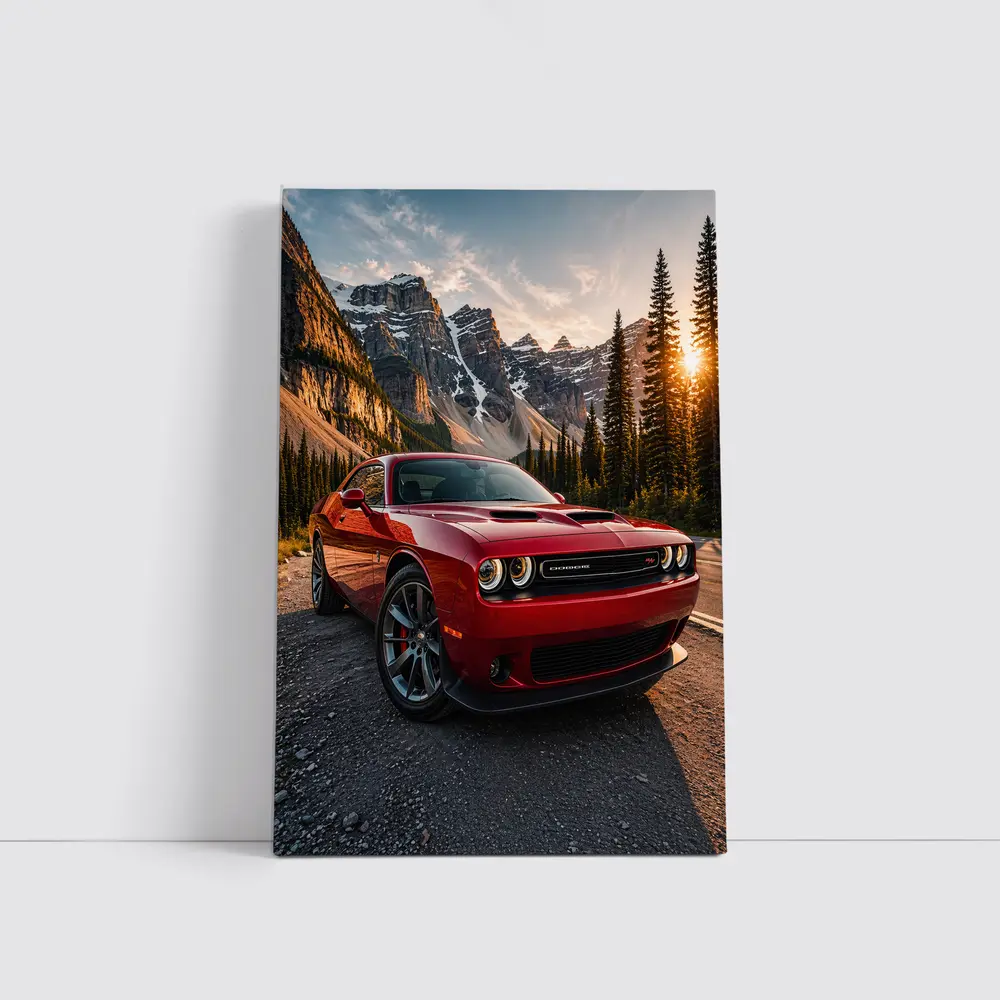 Red Dodge Challenger Parked Mountain Sunset – Wall Art