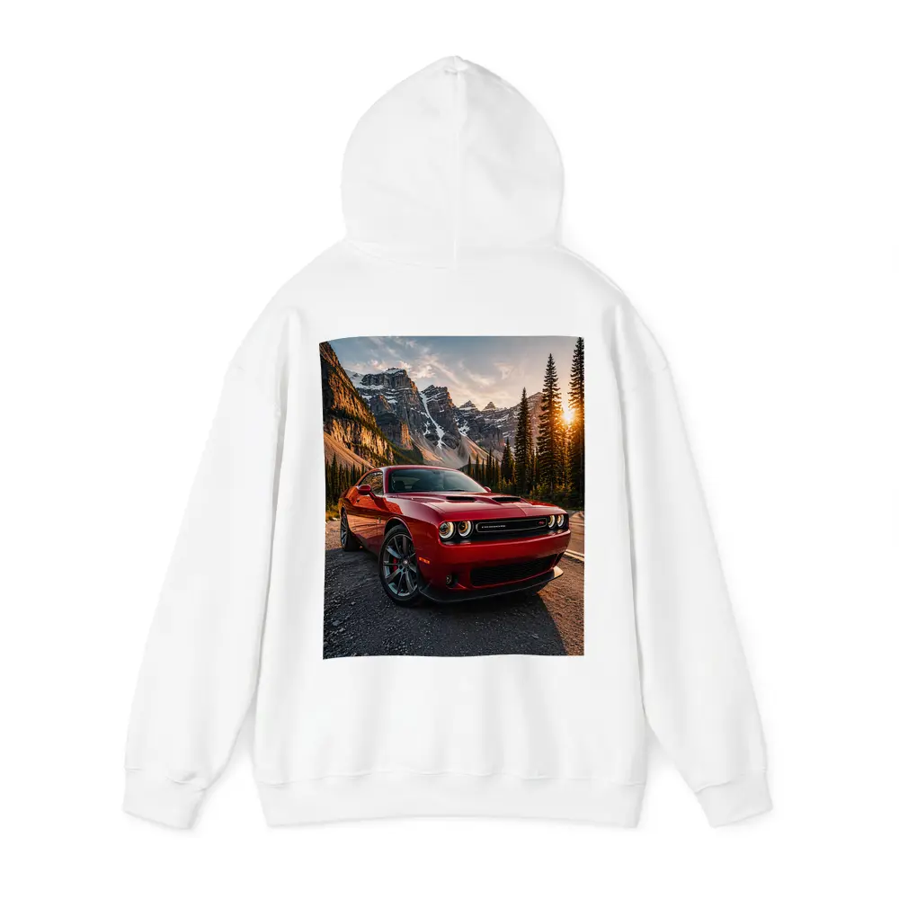 Red Dodge Challenger Parked Mountain Sunset – Hoodies