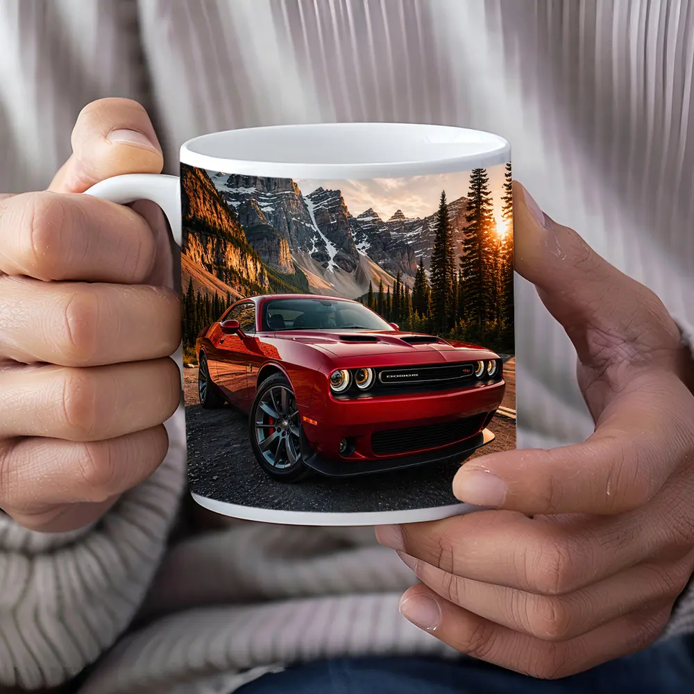 Red Dodge Challenger Parked Mountain Sunset – Mugs